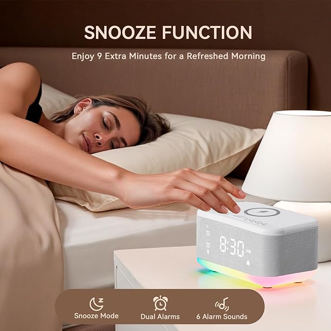 Wireless Charging Alarm Clock Bedroom, Loud Digital Alarm Clocks Bedrooms, Alarm Clock Night Light Speaker 8W Snooze Dual Alarm 12/24H Adjustable Brightness Dimmer Bluetooth, White
