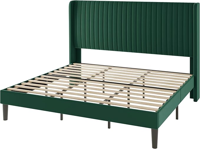 Allewie King Size Bed Frame/Velvet Upholstered Platform Bed/Vertical Channel Tufted Wingback Headboard/Strong Wooden Slats/No Box Spring Needed/Easy Assembly/Green