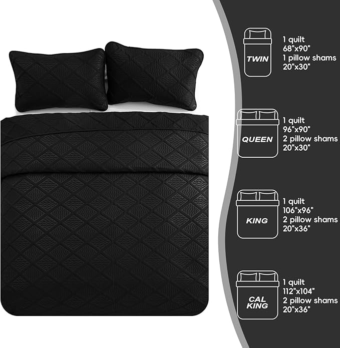 Yiran Black Quilt Set King Size Bedding Set Fall Bedspreads Embossed Diamond Pattern 3 Piece Soft Microfiber Coverlet for All Season with 2 Pillow Shams (King, 106x96 Inch)