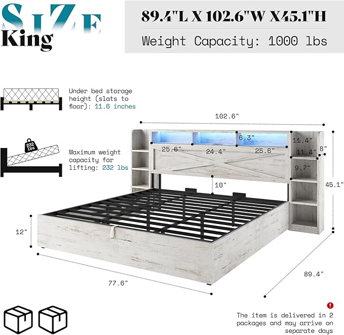 AMERLIFE King Size Lift Up Storage Bed Frame, 45.1" LED Bed Frame with 2 Side Shelves & Bookcase Headboard, Farmhouse Wood Platform Bed with Charging Station, No Box Spring Needed, Distressed White