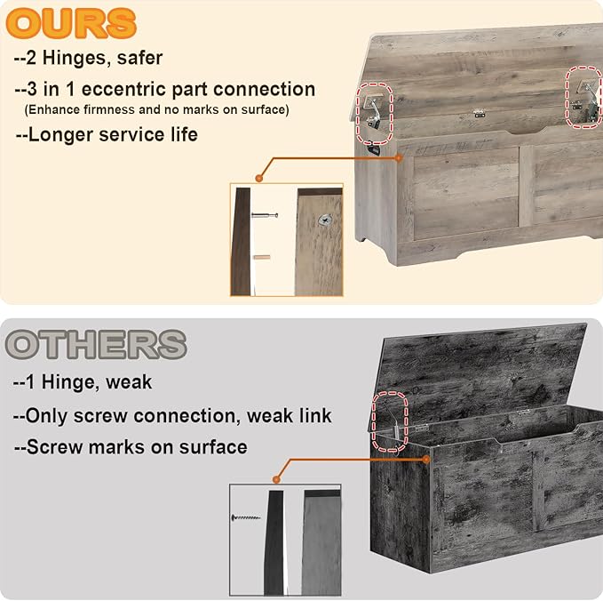 Timberer 39.4" Storage Chest, Wooden Storage Bench, Lift Top Toy Chest with 2 Safety Hinges, Large Toy Box, Entryway Bench for Living Room, Bedroom, Grey