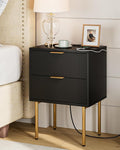 Masupu Nightstand with Charging Station,Mid-Century Modern Bedside Table with 2 Storage Drawer,Small Gold Frame Side End Table for Bedroom,Living Room (Black)