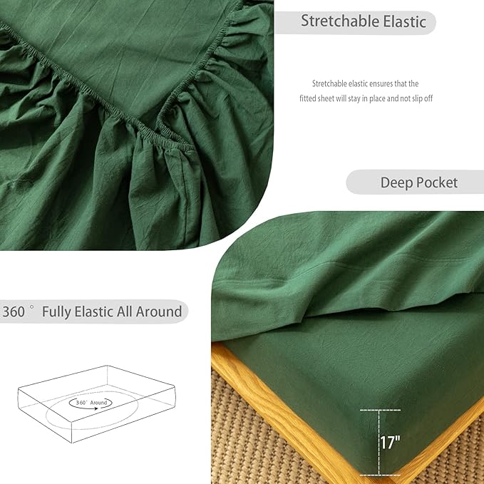 MooMee Fitted Bottom Sheet Only 100% Washed Cotton Linen Like Textured Breathable Durable Soft Comfy Deep Pocket Fits Mattress up to 17" (Forest Green, King)