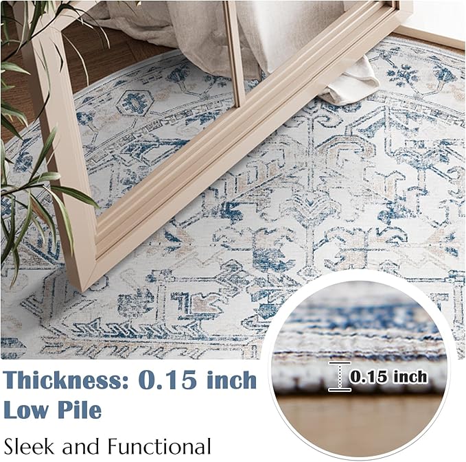jinchan Lima Round Rug 5ft Vintage Machine Washable Area Rug Indoor Circle 5' Ultra-Thin Non-Slip Floral Print Carpet for Farmhouse Entryway Dining Room Living Room Bedroom Office (5'Round, Blue)