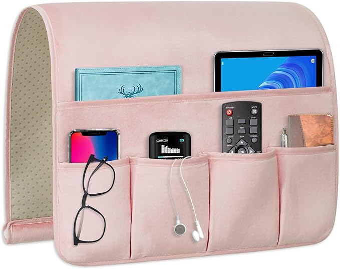WETRBWEH Remote Control Holder for Armchair，Couch Caddy Organizer TV Remote Holder for Bed Storage 5 Pockets，Remote Caddy Bedside Organizer Bedside Table Organizer (Pink, 35''x18'')
