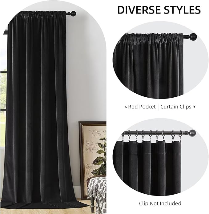 Joydeco Black Velvet Curtains 96 inch Length 2 Panels, Luxury Blackout Rod Pocket Thermal Insulated Window Curtains, Super Soft Room Darkening Drapes for Living Dining Room Bedroom,W42 x L96 inches
