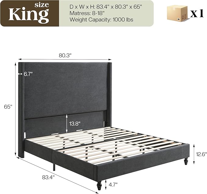 King Bed Frame with 65" Tall Headboard, Horizontal Fine Corduroy Bed Frame with Wingback, Upholstered Platform Bed, Vintage Solid Wood Gourd Legs, No Box Spring Needed, Black