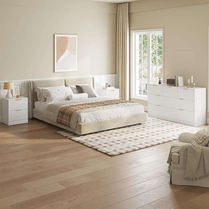7 Drawer Dresser & Nightstand Set 3-Piece, 55” Wide Bedroom Dresser Set Night Stand Set of 2 with Metal Handle, Fluted Modern Wood Chest of Drawers Storage Dressers Set for Bedroom, White