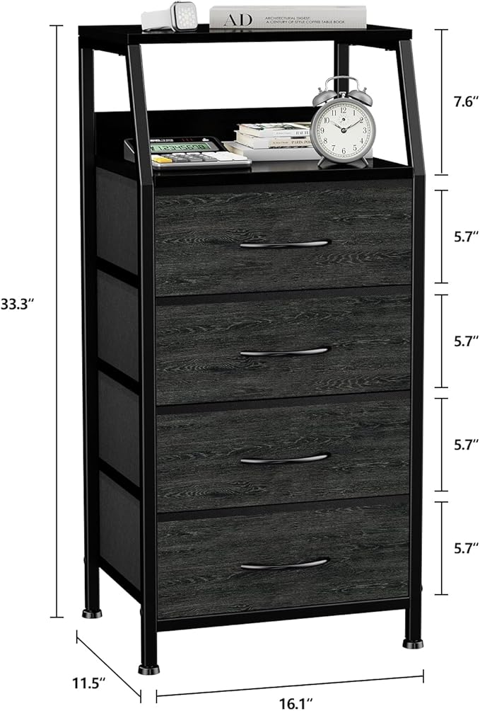 Dresser with 4 Drawers, Fabric Storage Tower for Bedroom, Black Clothes Storage Drawers, Vertical Closet Organizer for Kids Room, Entryway, Nightstand Bedside Table, Sturdy Steel Frame & Wooden Top
