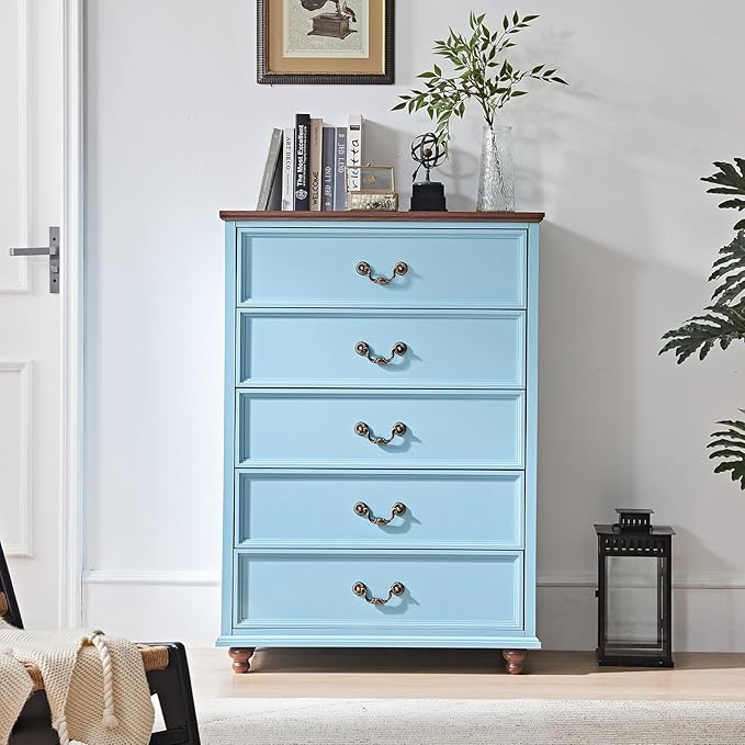 24" Wide Farmhouse Nightstand Set of 2, 54" 7 Drawers Dresser, 45" Tall Rustic Chests of 5 Drawers w/ 4 Solid Wood Feet, Farmhouse Furniture Series for Living Room,Bedroom,LightBlue