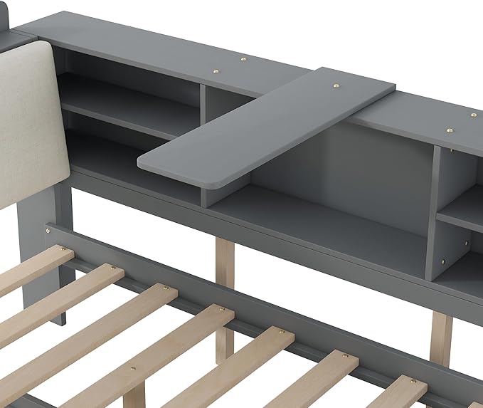 Ball & Cast Full Size Wooden Storage Daybed Frame, Modern Platform Bed with Trundle & Flip Headboard & Shelves, L Shaped Full Floor-Bed w/Upholstered Headboard&Storage, No Box Spring Needed, Gray