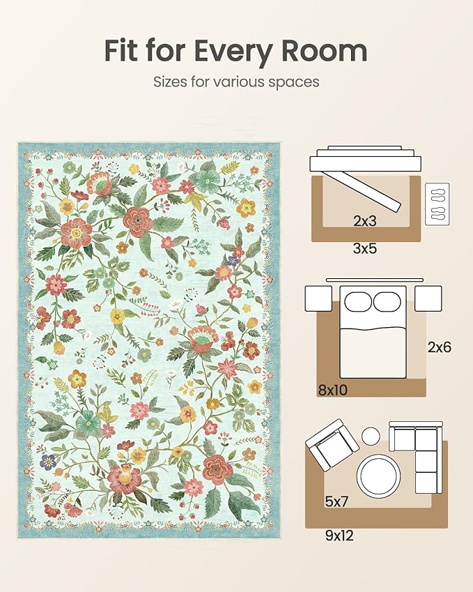 Amada 2x6 Washable Runner Rug, Non-Slip & Low-Profile Kitchen Area Rug with Durable Edge Binding, Boho Floral Pattern, Soft Long Entryway Runner Rugs for Bedroom & Hallway