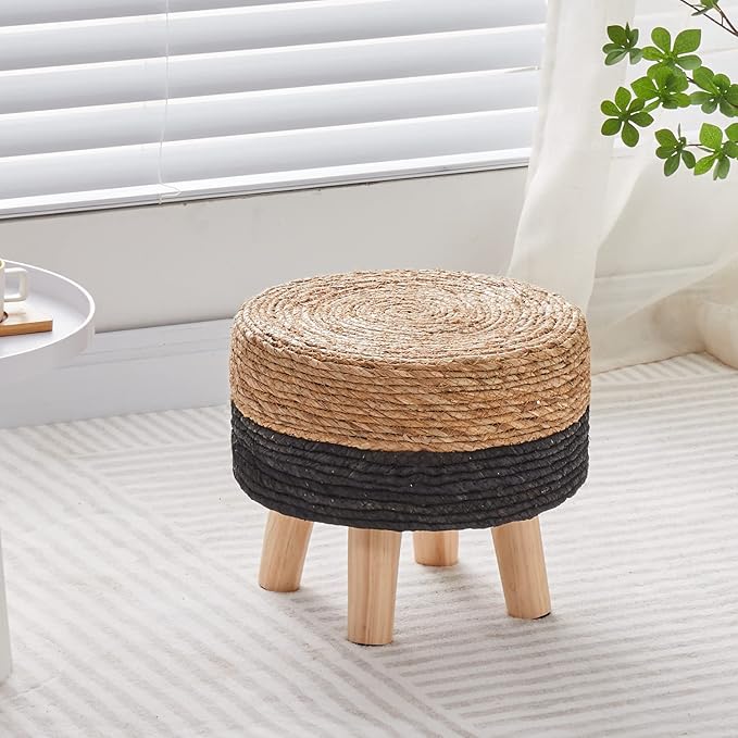 Wimarsbon Round Foot Stool Natural Seagrass Poufs Ottoman Hand Weave Footrest Stool for Couch Desk Extra Seat Step Stool with Solid Wood Legs for Hallway Patio Lounge Black