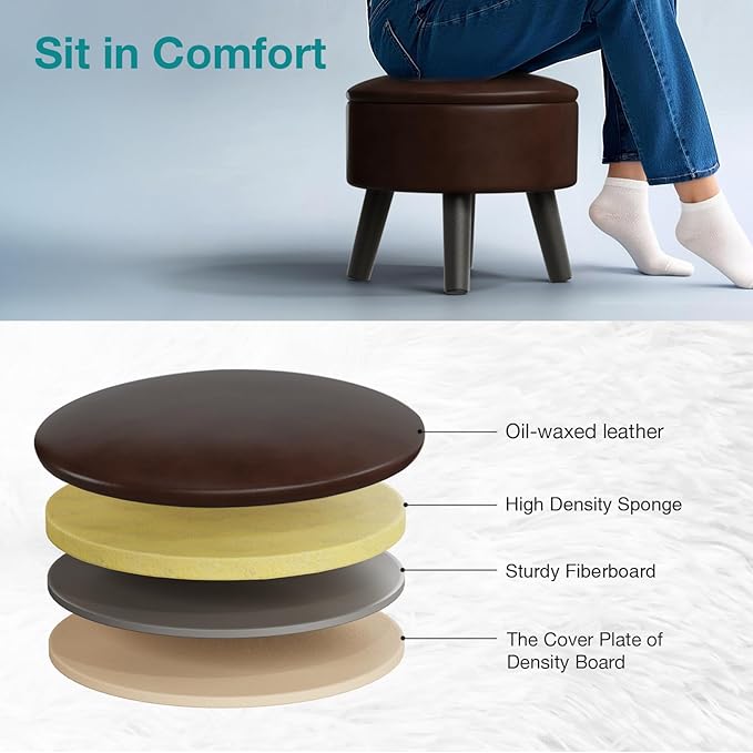 FIMIVIBI Small Foot Stool Ottoman with Storage, Faux Leather Ottoman Foot Rest for Couch, Round Footstool Ottomans for Living Room (Brown)