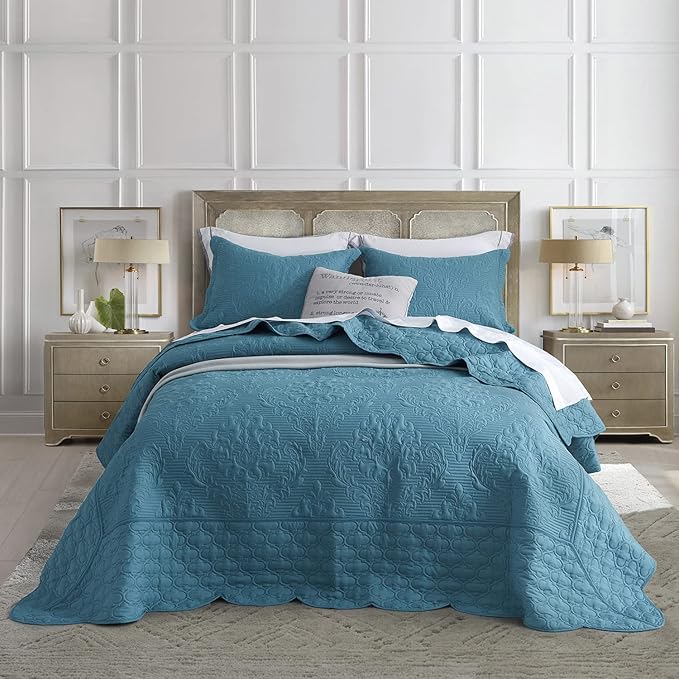 CHIXIN Bedspread Coverlet Quilt Set Full Size - Lightweight Bedding Cover - Ultrasonic Quilting - 5 Piece Reversible Bedspread - Elegant Damask Paisley Pattern (Full, Lagoon)