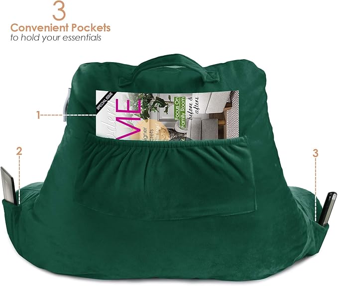 Nestl Reading Pillow with Shredded Memory Foam, Designed for Sitting Up in Bed and Couch, Back and Arms Adjustable Support for Adult & Teens Backrest Pillows for Reading with Washable Cover Dark Green