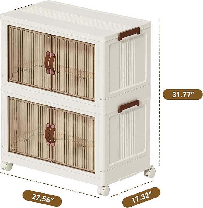 130 QT Large Plastic Storage Bins with Lids Open Front, Stackable Storage Containers with Wheels for Clothes, Home, Room, White, 2 Tiers
