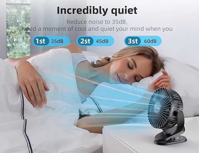 Svinkal USB Personal Clip on Fan 5000mAh Battery Operated 6in, Type C, 3 Speed, 720° adjustment, Small Portable Fan for Table, Bedroom, Desk, dormitory, Camping, Stroller, Golf Cart