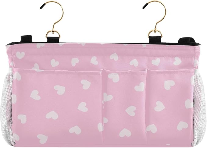 Bedside Caddy Hanging Bunk Bed Caddy Bed Organizer Hanging Pocket with 2 Hooks Bedside Storage Organizer Pocket Bag Holder Heart Pink