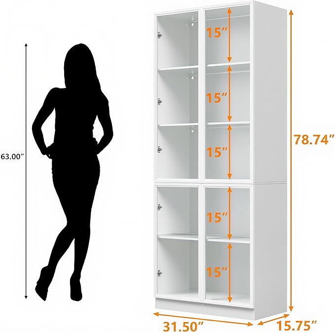 Display Storage Cabinet with Glass Door, LED Lights,Showcase for Collections, Perfume, Vinyl Albums, Bookcase for Home Office, Living Room, Clinic, Pantry (5 Layers-White)