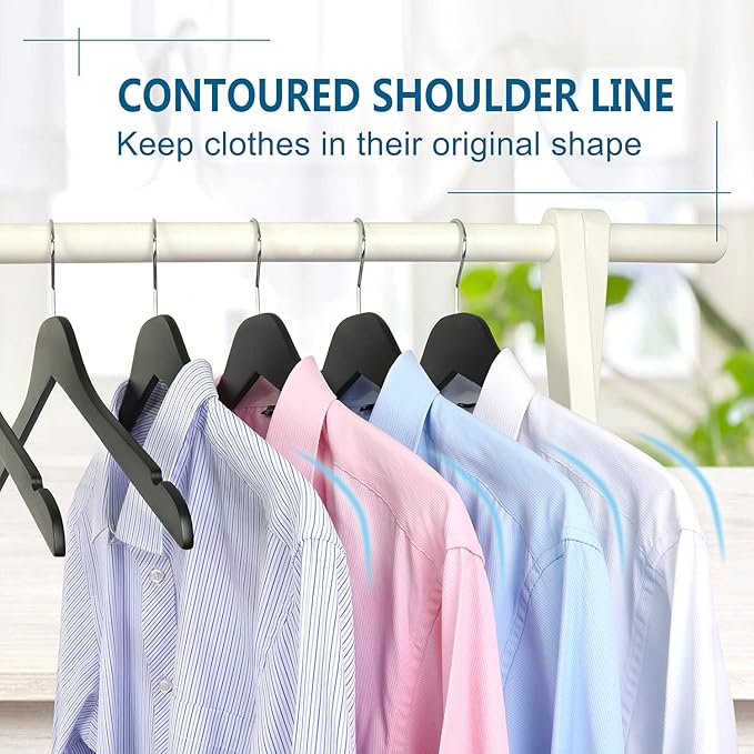 TOPIA HANGER Black Wooden Hangers 30 Pack, 0.28-inch Thick Slim Wood Clothes Hanger with Flat Design and Smooth Notches, Lightweight Space Saving Hangers for Shirt, Coat, Camisole-CT31B