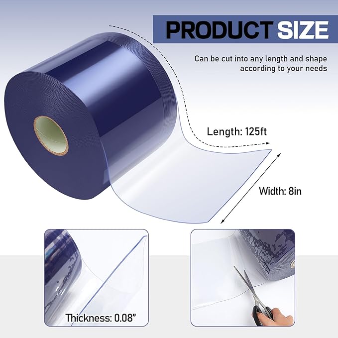 Moukeren Plastic Door Curtain for Winter 125 ft x 8 Inch Thermal Insulated Garage Door Strip Curtains Smooth Waterproof Clear PVC Strip Curtain for Warehouse Freezer, 0.08" Thickness(Classic)