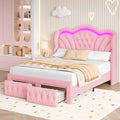Keyluv Queen Bed Frame with LED Lights and 2 Storage Drawers, Velvet Upholstered Platform with 47" Tall Arc-Shaped Wingback Headboard and Button Tufted Design, No Box Spring Needed, Noise-Free, Pink