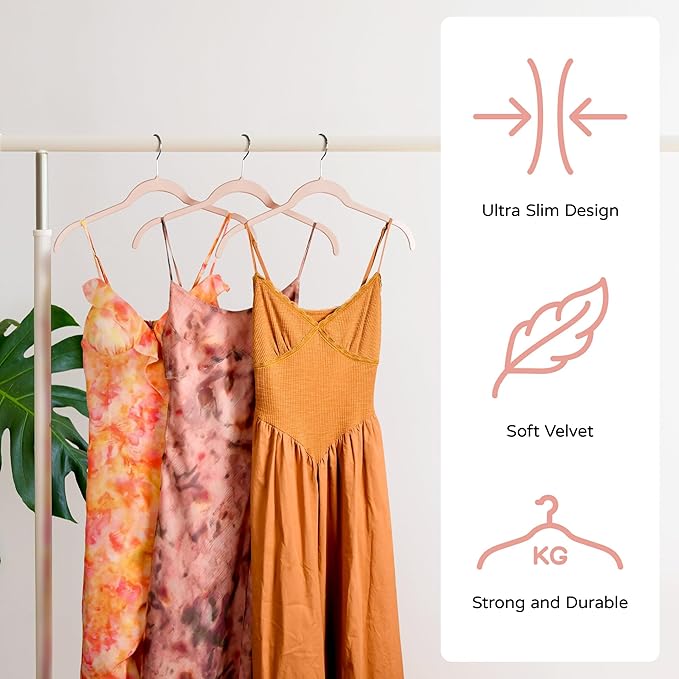 Premium Velvet Shirt Hangers 50 Pack, Non-Slip 360° Swivel Hook Space-Saving Felt Hanger, Slim Flocked Hangers for Blouses, Strappy Dresses, Tank Tops(Pink)