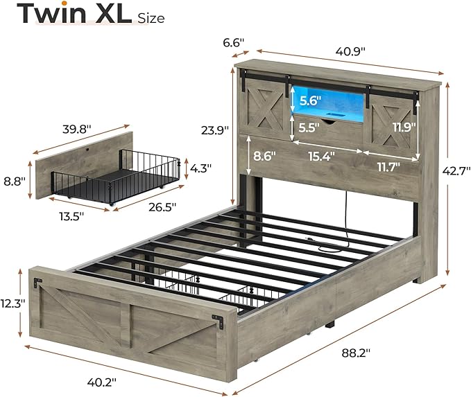 Hasuit Farmhouse Bed Frame Twin XL Size with 2 Storage Drawers, Wooden Platform Twin XL Bed with LED Lights and Charging Station, Rustic Headboard with Sliding Barn Door Storage Cabinets (Rustic Oak)