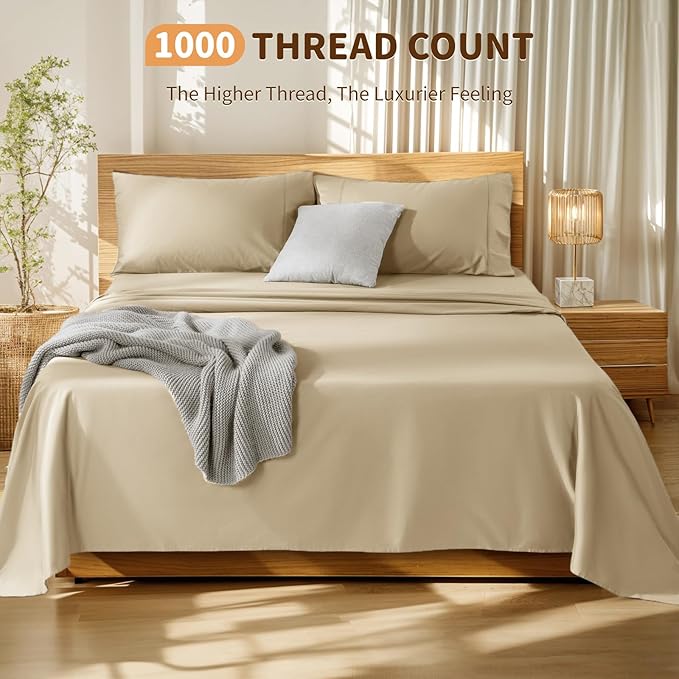 LBRO2M 100% Cotton Sheets Set Deep Pocket 19", 1000 Thread Count Full Size 4 Piece Bed Sheet Sets Soft Comfortable Bedding All Season (Full, Linen)