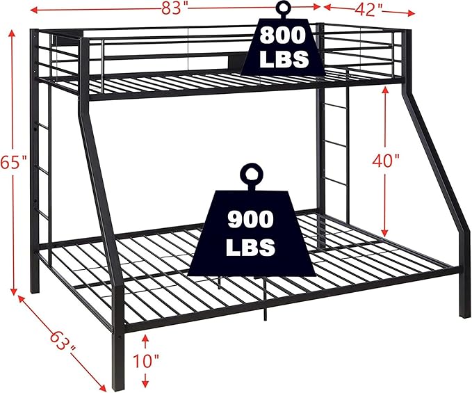 Upgraded Version Thicken Metal Heavy-Duty Twin XL Over Queen Bunk Bed, Best Modern Style Stronger Twin Over Queen Size Bunk Bed with Ladder for Adults, Easy Assembly (Twin XL Over Queen-A)