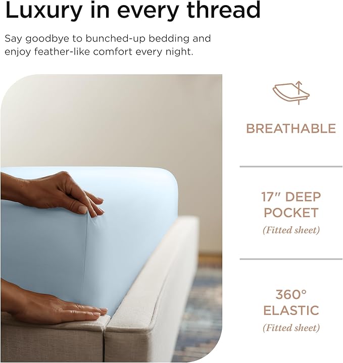 Threadmill California King Sheets, Certified American Supima Cotton Sheets, 1200 Thread Count Hotel Quality Sheet, 4 Piece Luxury Bed Sheets Set with Elasticized Extra Deep Pocket, Light Blue