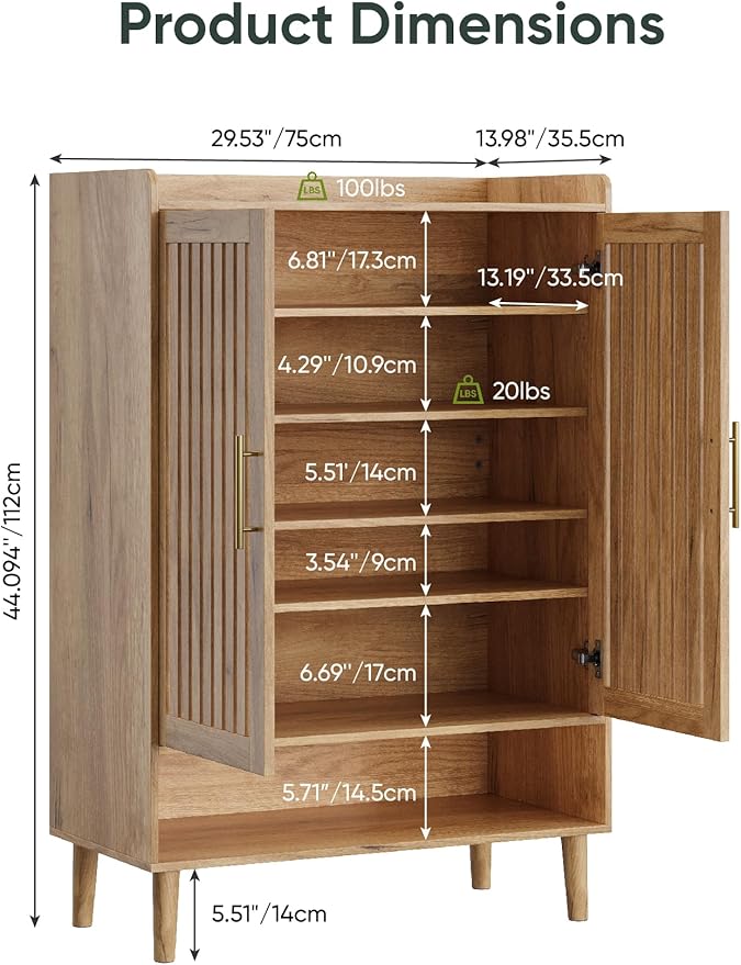 6-Tier Shoe Storage Cabinet with 2 Slatted Doors, Large Wooden Shoe Cabinet with Gold Handle, Hidden Entryway Shoe Organizer for Hallway, Foyer, Natural Oak