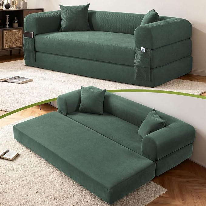80" Convertible Sofa Bed,Corduroy Folding Sleeper Sofa Bed Queen with Pillows & Storage,Modular Pull Out Couches Boneless Couch for Living Room,Compressed Couch in a Box,Light Green