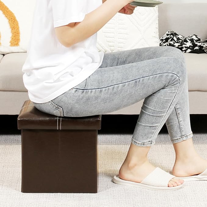 B FSOBEIIALEO Folding Storage Ottoman Cube, Faux Leather Footrest Seat Coffee Table, Brown 11.8"x11.8"x11.8"