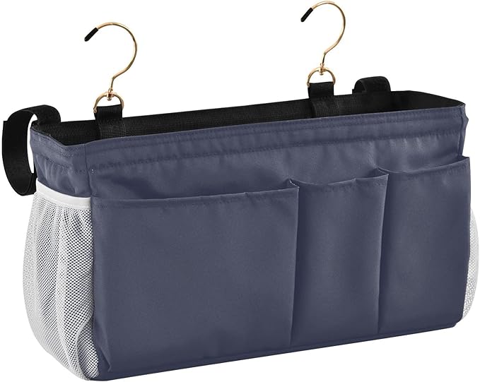 KOPIRIT Navy Grey Bedside Caddy Storage Bag Bedside Organizer for College Dorm Top Bunk Bed Hanging Bag Bedside Shelf 6 Pockets with Hooks for Magazine Water Bottle Holder