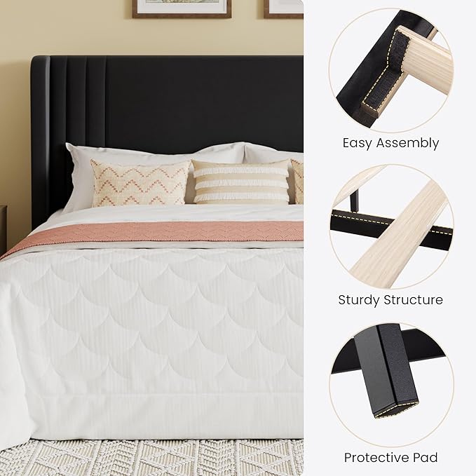 SHA CERLIN Full Size Velvet Upholstered Platform Bed Frame with Vertical Channel Tufted Wingback Headboard, Wooden Slats Support, Easy Assembly, Under Bed Storage, No Box Spring Required, Black