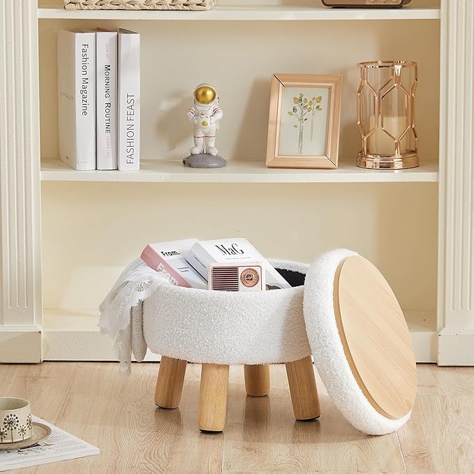 FIMIVIBI Small Ottoman with Storage, Small Storage Ottoman Round, Sherpa Foot Stool with Legs, Ottomans and Footstools for Living Room and Entryway (White)
