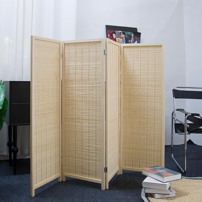 4 Panel Short Room Divider Screen,Beige Freestanding Partition,Small Bamboo Panel Divider for Room Seperation,3.95 FT Tall