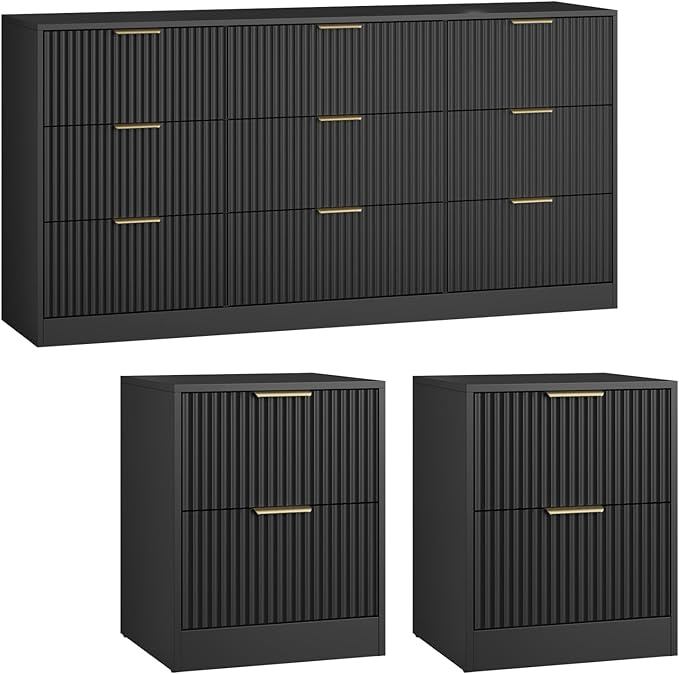 9 Drawer Dresser & Nightstand Set 3-Piece, 63” Wide Fluted Bedroom Dresser Set Night Stand Set of 2 with Metal Handle, Modern Wood Chest of Drawers Storage Dressers Set for Bedroom, Black