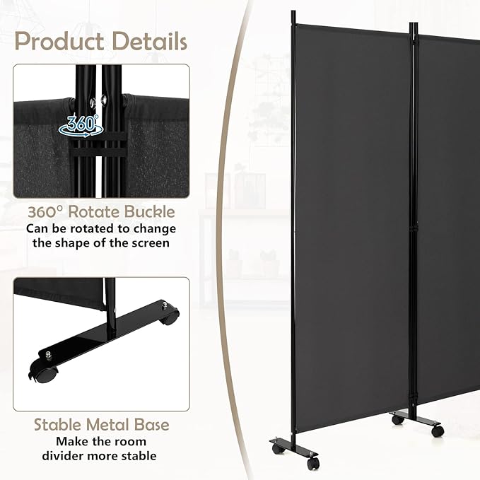 GOFLAME 6 Panel Folding Room Divider, 6FT Rolling Privacy Screen with Lockable Wheels, Portable Room Partition Screen, Freestanding Wall Divider and Separator for Home Office, Grey