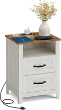 VASAGLE LIRY Collection - Farmhouse Nightstand with Charging Station, Bedside Table, Side Table with 2 Drawers, Open Compartment, for Bedroom, Rustic White and Honey Brown ULET669W01