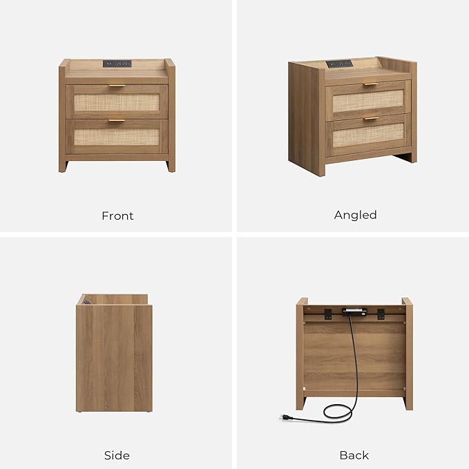 SICOTAS Night Stand Set of 2 - Rattan Nightstands with Type-C Charging Station, 2 Rattan Drawers - Boho Bed Side Tables End Table for Small Space - Natural Oak