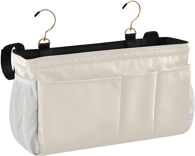 KOPIRIT Beige Bedside Caddy Storage Bag Bedside Organizer for Bed Rails College Dorm Room Organizer Caddy Hanging Shelf 6 Pockets with Hooks for Book Glasses Phone Holder
