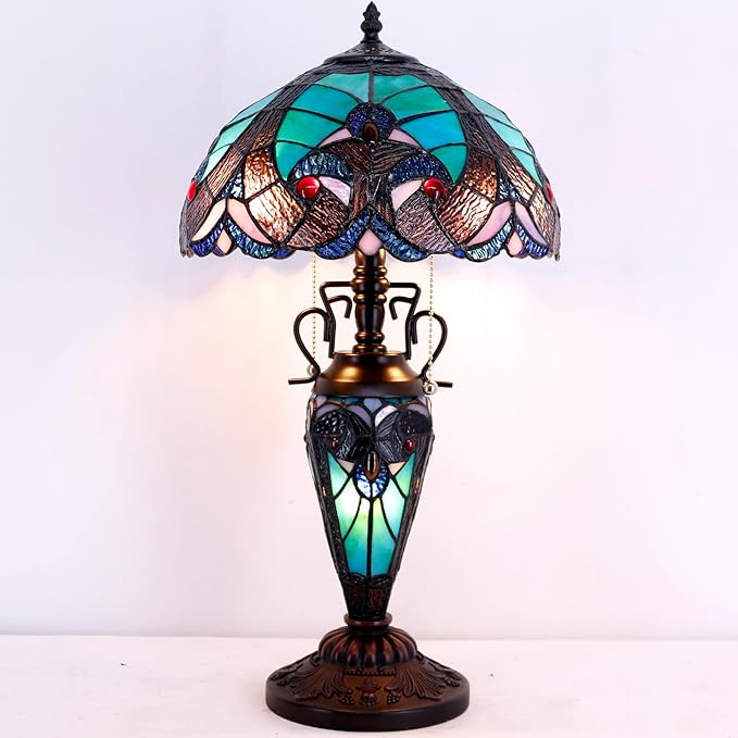WERFACTORY Tiffany Style Table Lamp Green Stained Glass Liaison Lamp 12X12X22 Inches Mother-Daughter Vase Desk Reading Light Decor Bedroom Living Room Home Office S160G Series