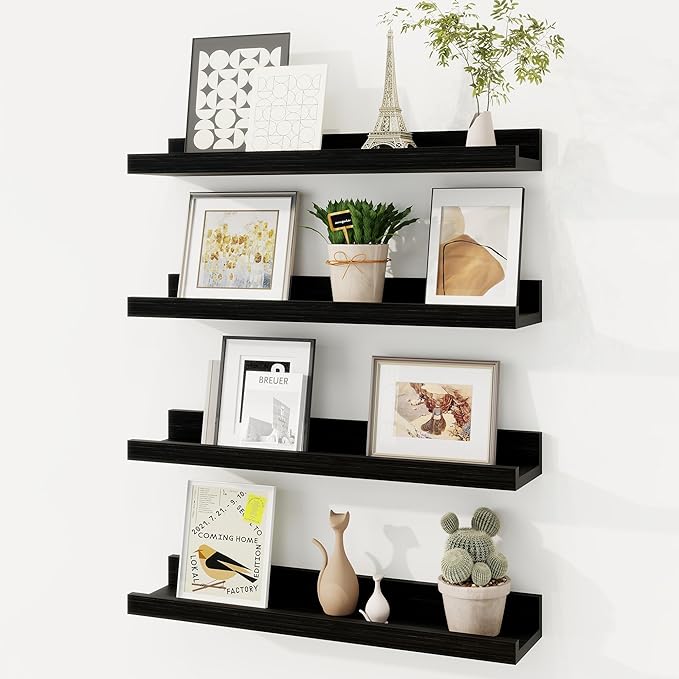 Fun Memories Picture Ledge Shelf, Solid Pine Wood Floating Shelves Set of 4, 16 Inches Nursery Book Shelves for Toys Storage, Kids Bookshelf Wall Mounted for Living Room Decor Photo Frames, Black