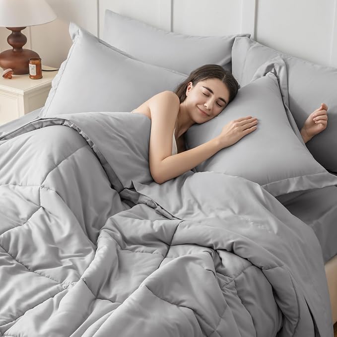 JOLLYVOGUE Full Comforter Set, Ultra-Soft Bed in a Bag Full Size 7 Pieces, Oeko-TEX Certified Bedding Set with Down Alternative Comforter, Sheets, Pillowcases & Shams, Light Grey