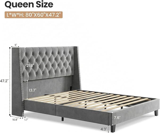 Queen Bed Frame Velvet, 47.2" Tall Wingback Headboard with Tufted Nailhead Trim, Upholstered Platform Bed with Sturdy Wood Slats, Robot Vacuum Friendly, No Box Spring Needed, Grey