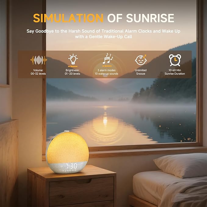 Sunrise Alarm Clock White Noise Sound Machine for Bedroom | Natural Wake-Up Light with 30 Soothing Sleep Aids, Bluetooth Speaker, Dimmable Clock, Screen-Free Design for Baby Adults Kids-White