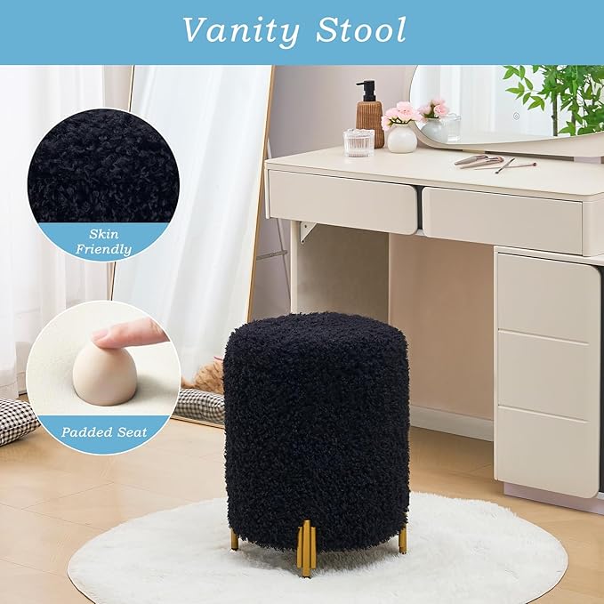 Mxfurhawa Round Ottoman Foot Stool with Storage and Metal Legs for Living Room Bedroom, Velvet Upholstered Footrest Stool Support 300lbs Modern Padded Seat Ottoman Coffee Table (Black-Long Wool)